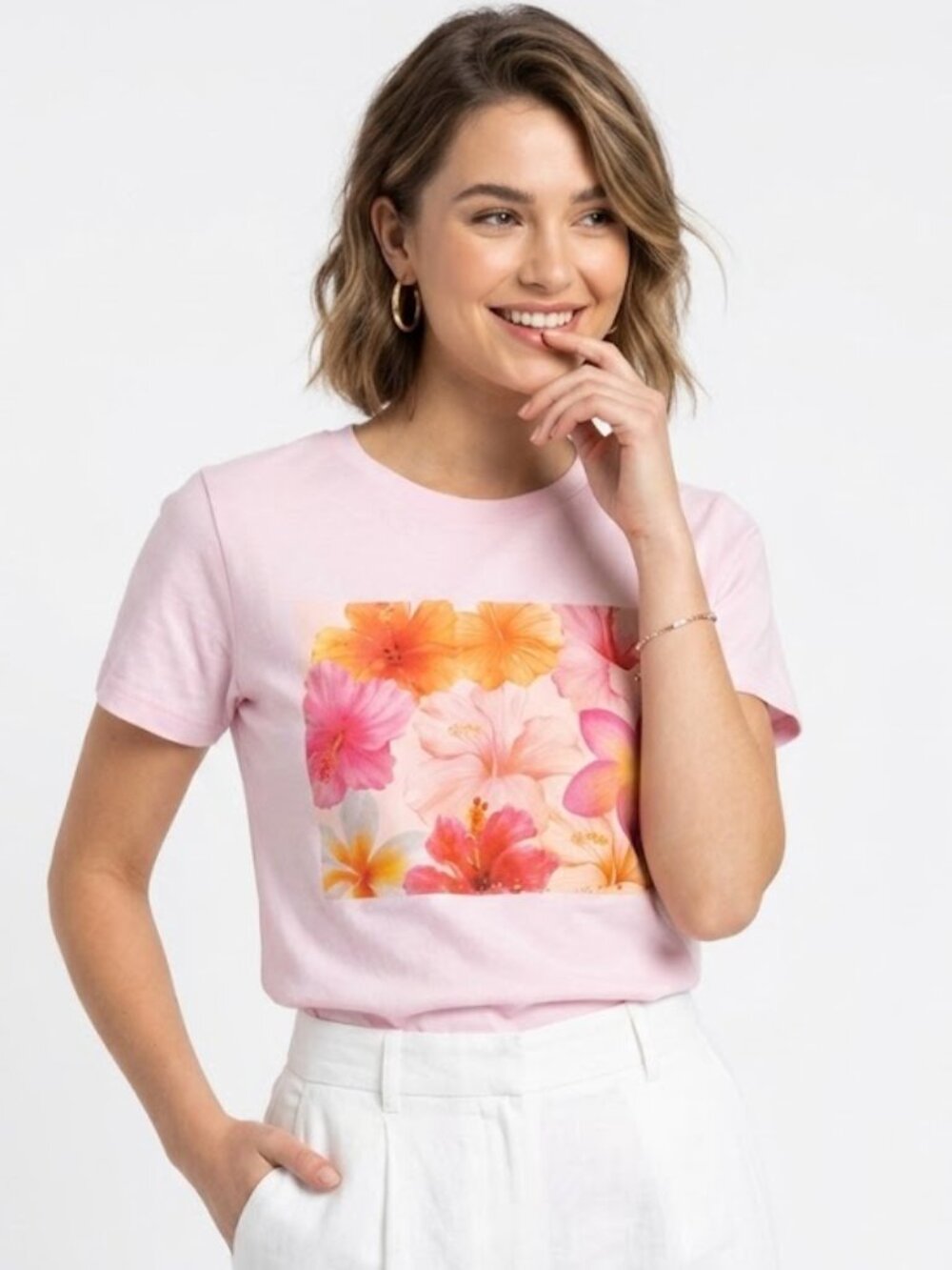 Womens Floral Graphic Tee Pink Short Sleeve Size M